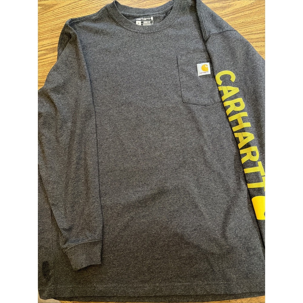 Carhartt Mens XL Loose Fit Long Sleeve Pocket Tee Spellout Sleeve Charcoal Grey
